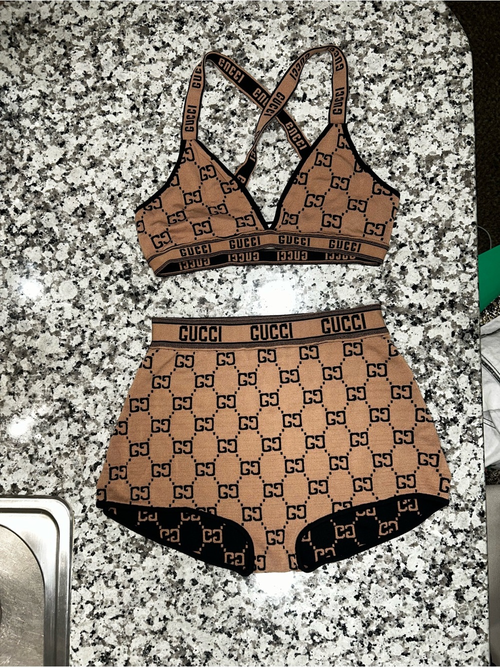 Gucci Tan and Black GG Knit Bralette with High-Waist Shorts
